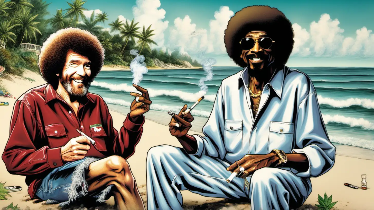 Bob Ross on holiday smoking weed with snoop dog on the beach.
