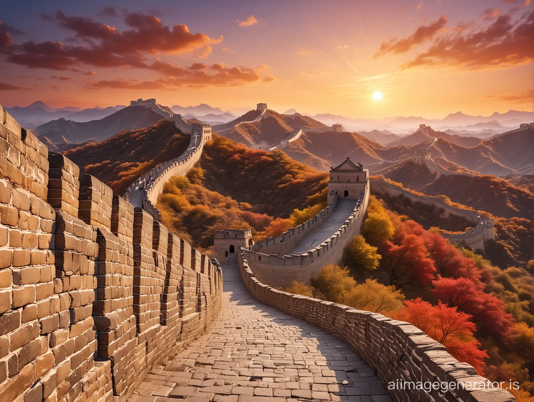 The Great Wall of China in the morning sun, with the sky filled with rosy clouds, the entire sky covered in red, orange, yellow, and gold, with colorful clouds, the whole Great Wall dyed gold, the best quality, the most meticulous details, 8K