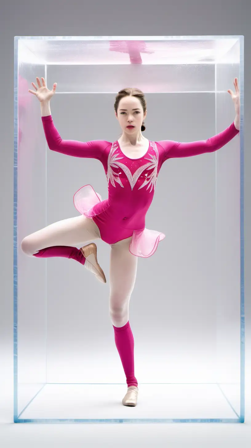 Vue dynamique , dans fond blanc très brillant, Anna Popplewell, regarde déterminée, , tenue de gymnastique rythmique rose, debout figées à l'intérieur d'une boîte transparente 