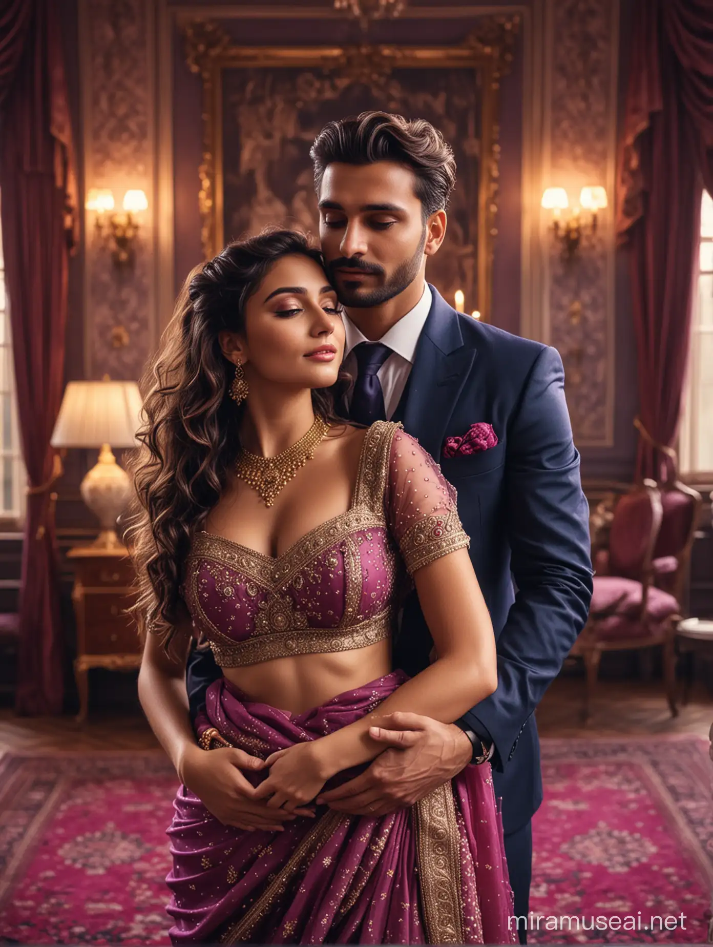 full body view portrait photo of most beautiful european couple as most beautiful indian couple, 28 mm lens, waist shot, most beautiful cute girl in elegant saree, bold color, wide black eyes, full face, girl has long curly hair falling on breasts, full makeup, bridal makeup, red dot, full jewelry, hair ornaments, blouse low cut, girl embracing man and resting forehead on chest of man with deep emotion and ecstasy, man comforting girl with hands around her, man with stylish beard and perfect hair cut, suit and tie, photo realistic, 
background, vintage lamps, palace interior ambiance, purple color carpet, interior designs, big window for outside view, romantic atmosphere, intricate details, 8k.