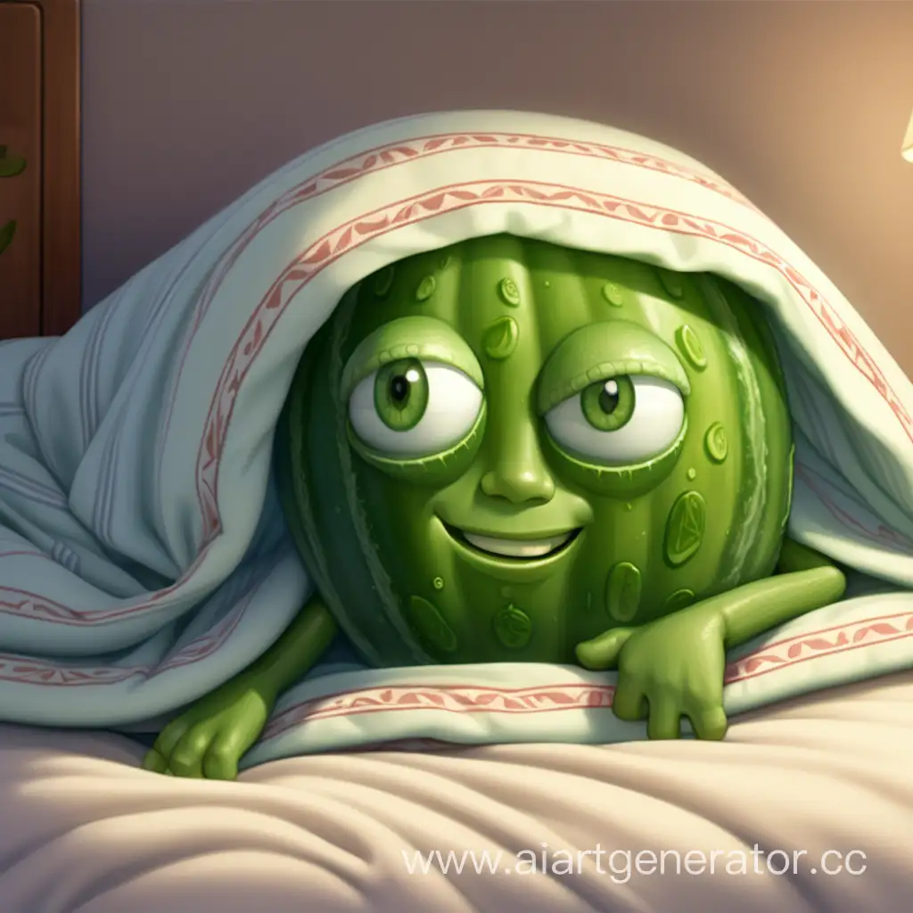 Cozy-Cartoonish-Humanoid-Cucumber-Taking-a-Nap-Under-a-Blanket