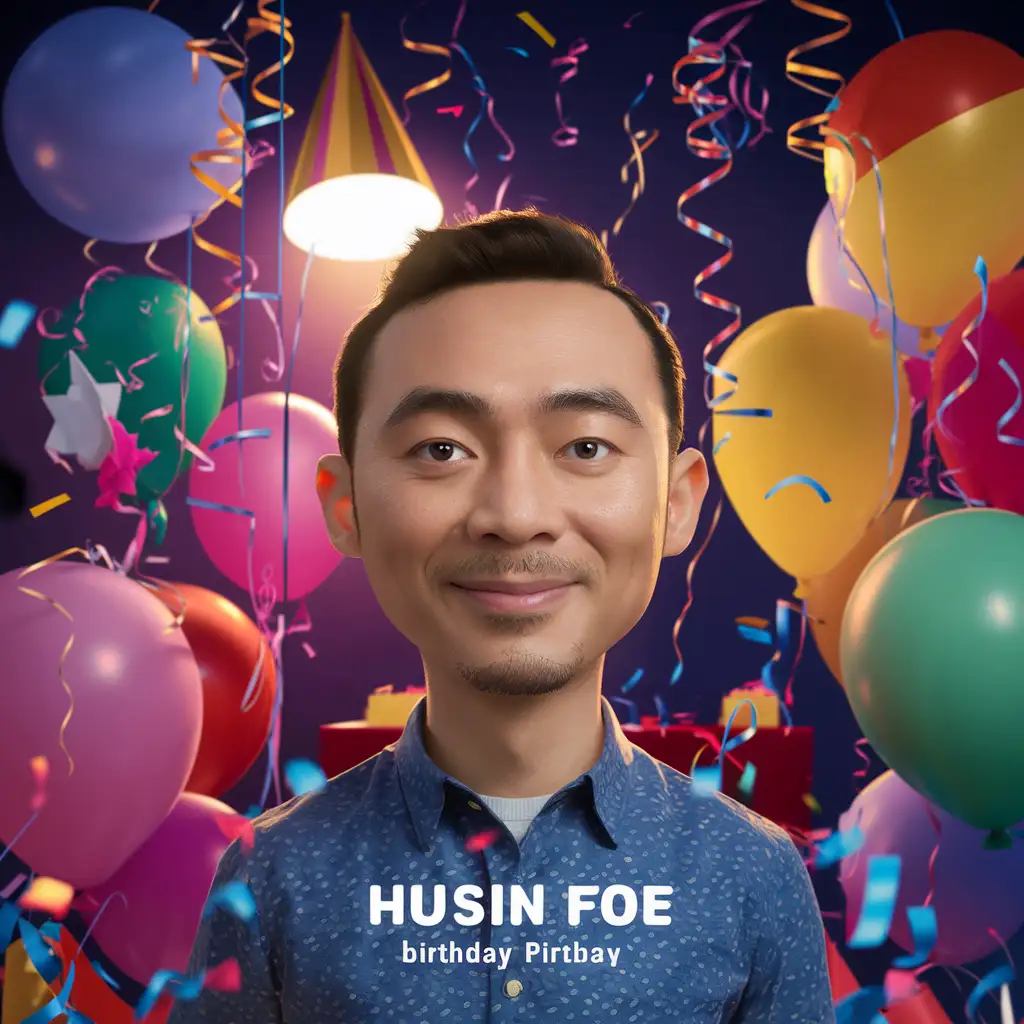 Happy birthday poster art pixar disney style , "Husin Foe" a man short hair,With a little Beard, Asian Indonesian, white skin, party celebration,colorful,perfect light,