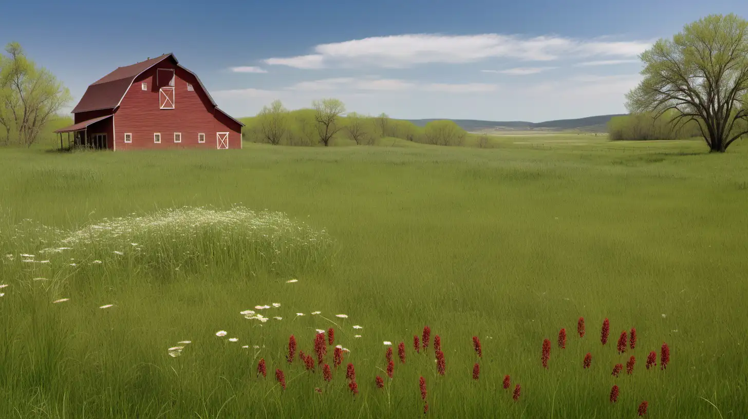 Photograph of a meadow in spring with flowers and tall prarie grass, trees and hills in the distance, and an old red barn in the distance. Photographic quality, high resolution.