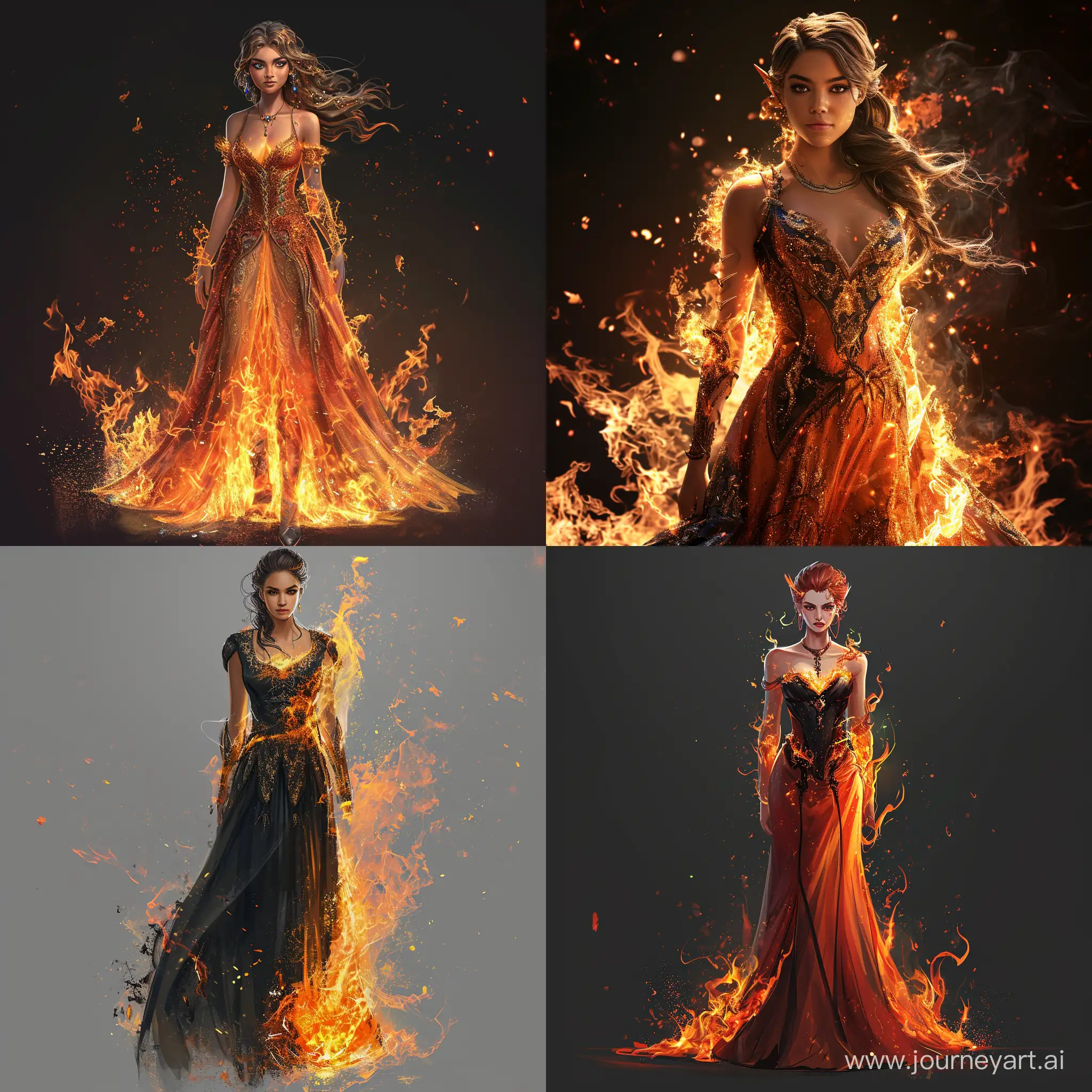 create a high fantasy character in a very realistic style.  she is a young, beautiful fire sorceress wearing an elegant dress.  she is tall and imposing and has a determined and intimidating expression