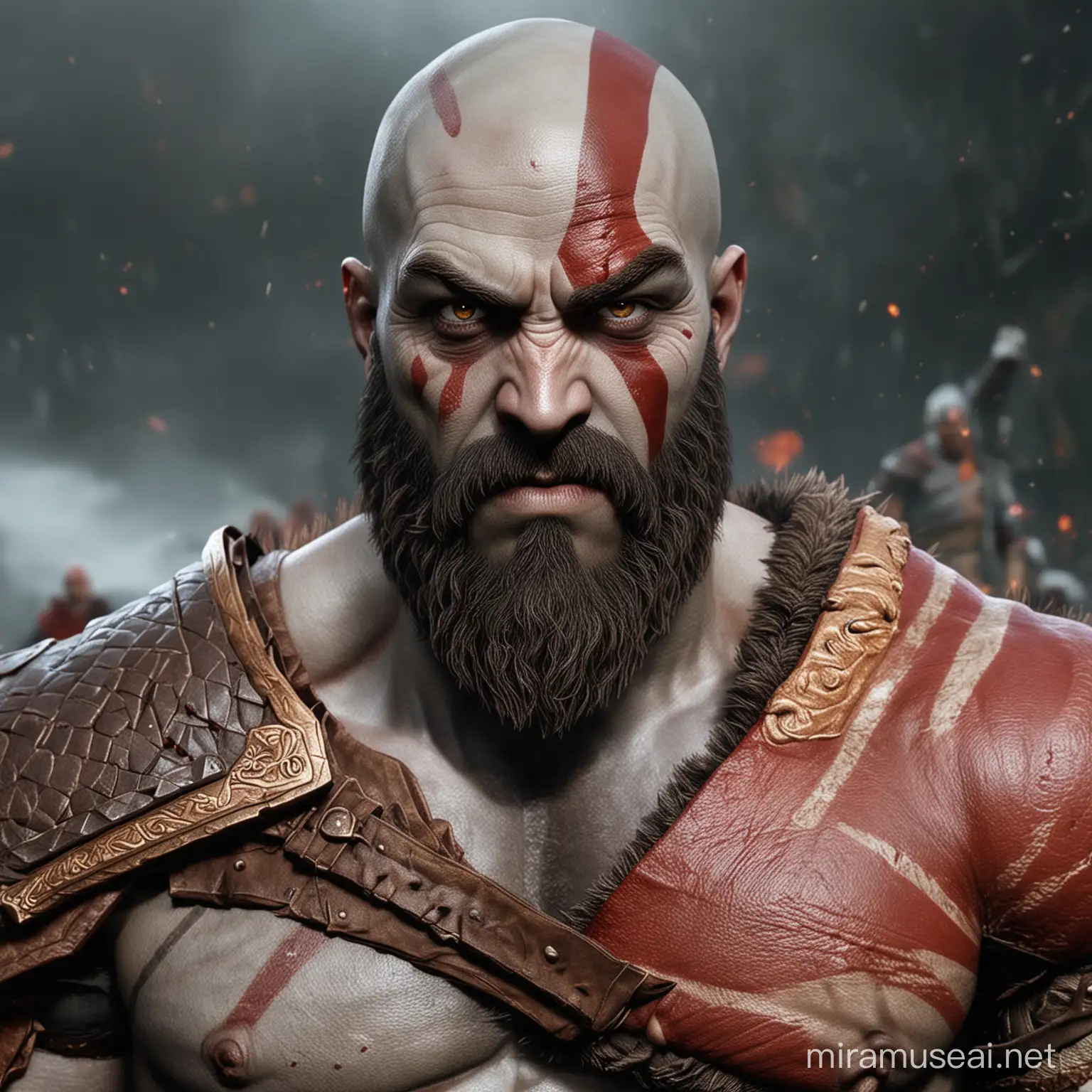 front picture of kratos god of war ragnarok loking at the camera