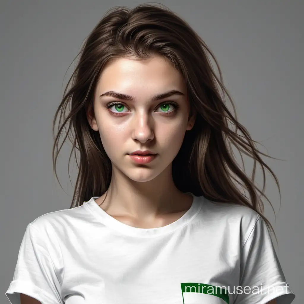 Realistic Portrait of a 20YearOld Hungarian Woman with Short Brown Hair and Green Eyes in a White TShirt