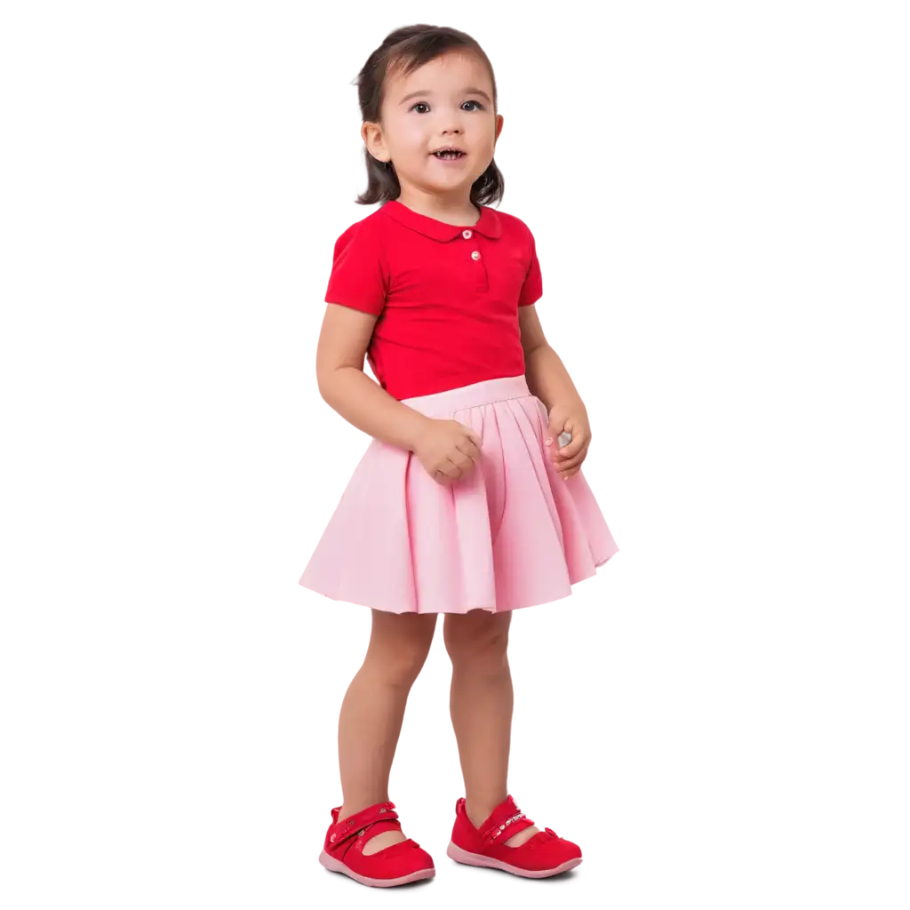 a cute baby girl wearing red shirt and pink skirt