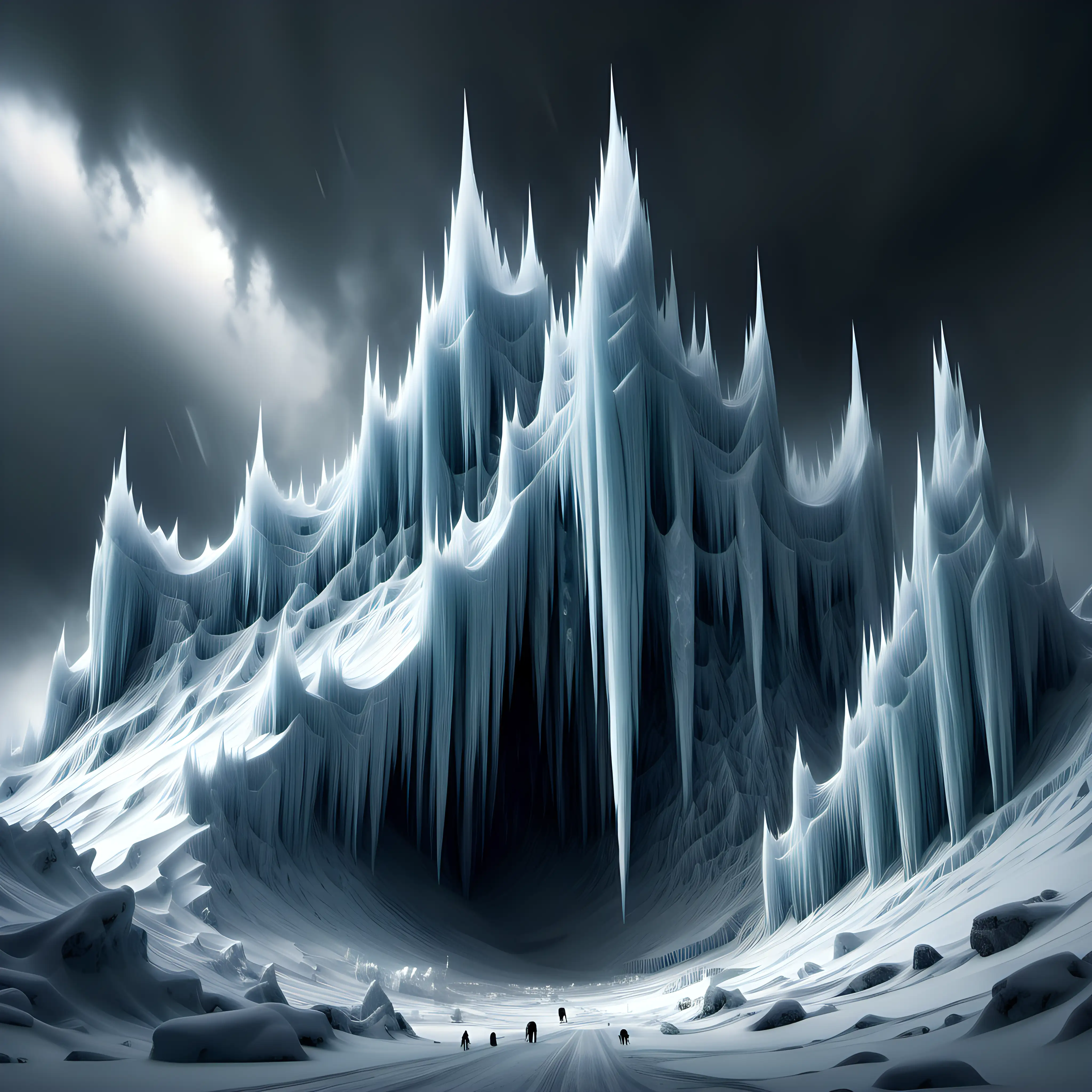 Majestic Ice Castles in a Snowy Mountain Storm
