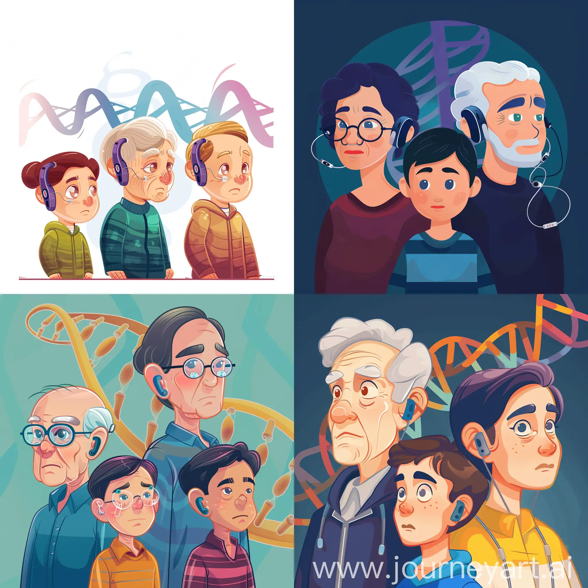 Multigenerational-Family-with-Hearing-Aids-in-Cartoon-Style-with-DNA-Background
