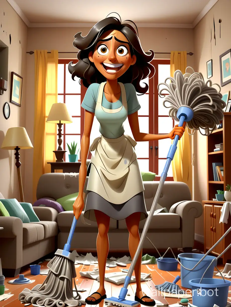 very messy living room, messy misc things around, housekeeper Latin American woman in the middle, holding a big mop in her hands, desperate smile face, cartoon caricature woman, Pixar scene