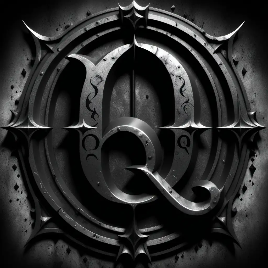 Letter "Q" in a gothic style,black metal, in the style of mobile game 
