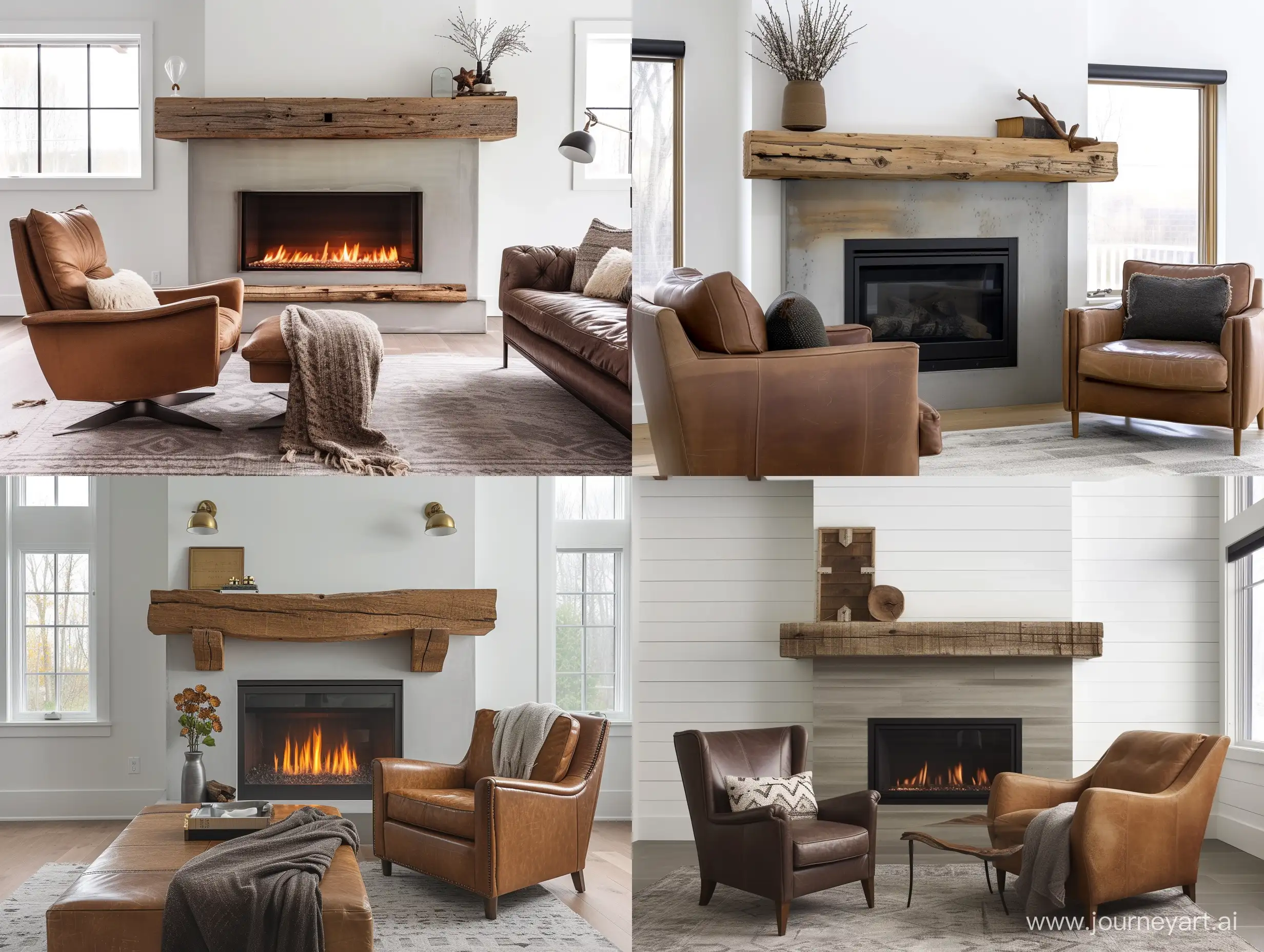 Modern farmhouse sImple living room with minimal decor gas fireplace with a raw edge wooden mantel brown leather armchair and sofa --v 6 --ar 4:3 --no 41977