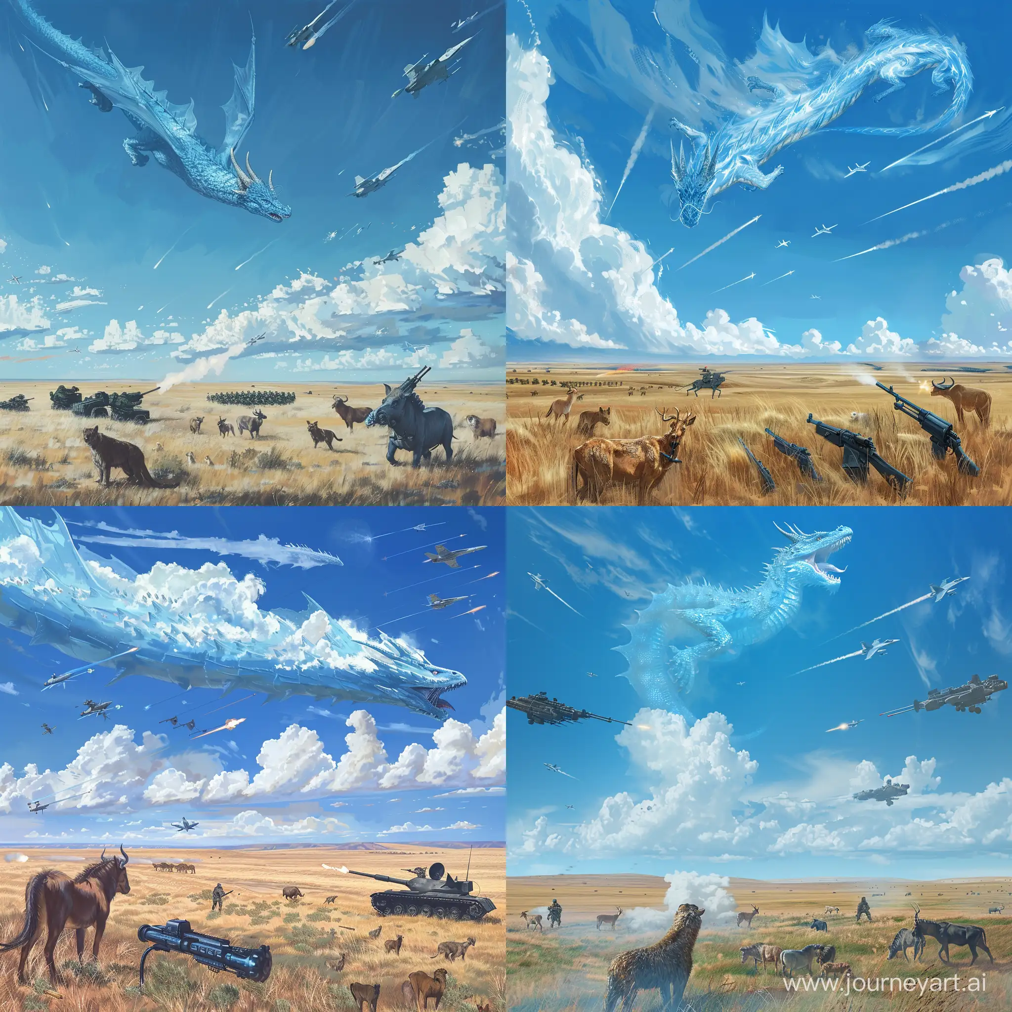 一望无际的草地上，蓝蓝的天空中若隐若现的一条青色的巨龙，草原上的动物惊吓，军队拿枪炮瞄准着巨龙，战斗机在天空中略过