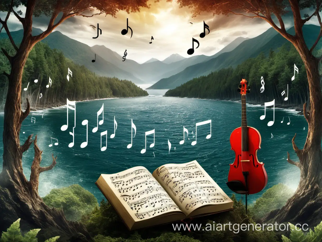 Музыка, ноты, море, лес, горы