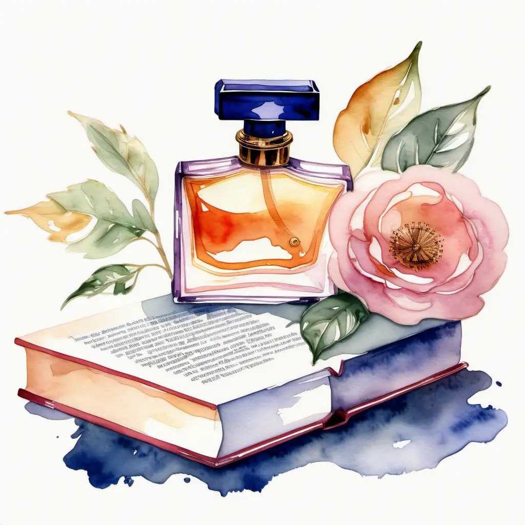 Perfume bottle in watercolor with a book next to it