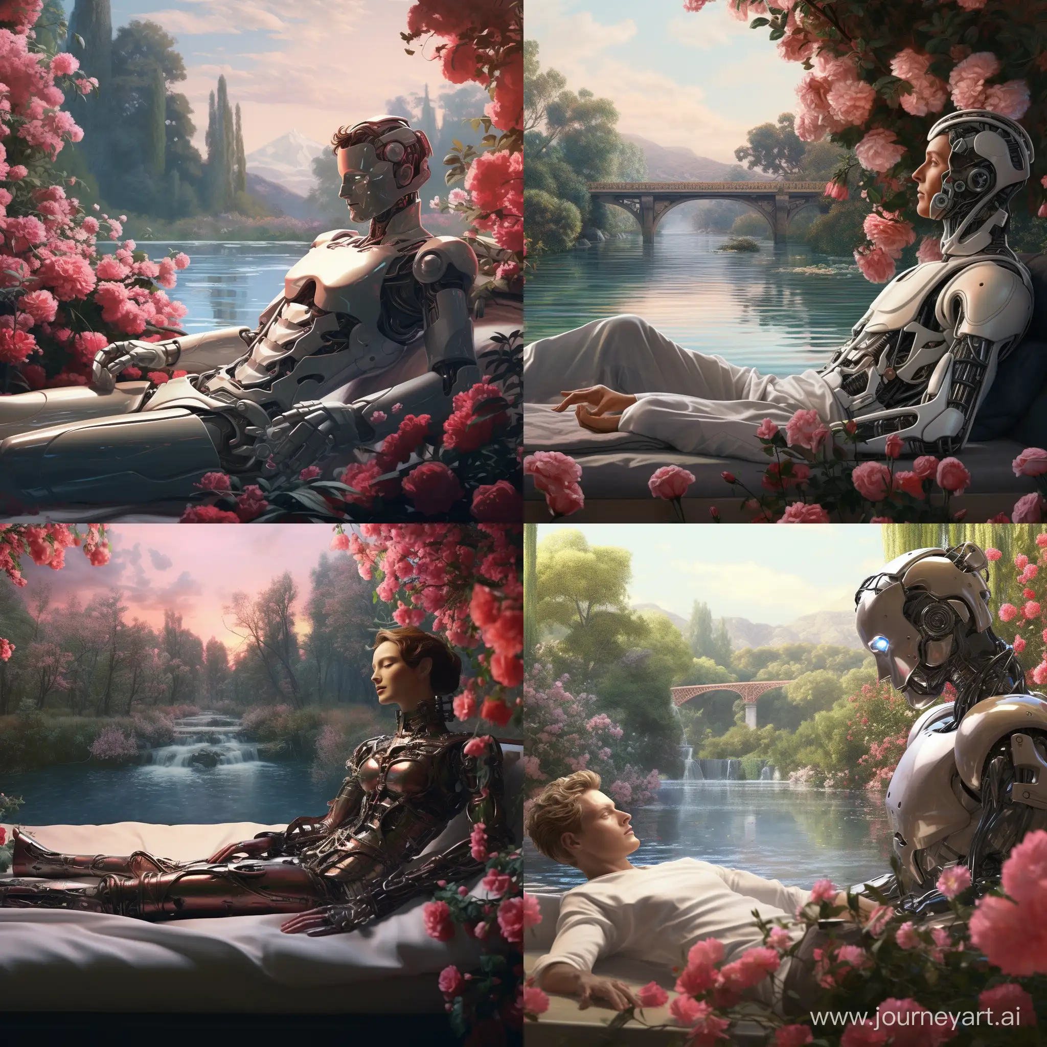  An Ai robot in a beautiful garden of roses watching a man on a beautiful bed floating on a river