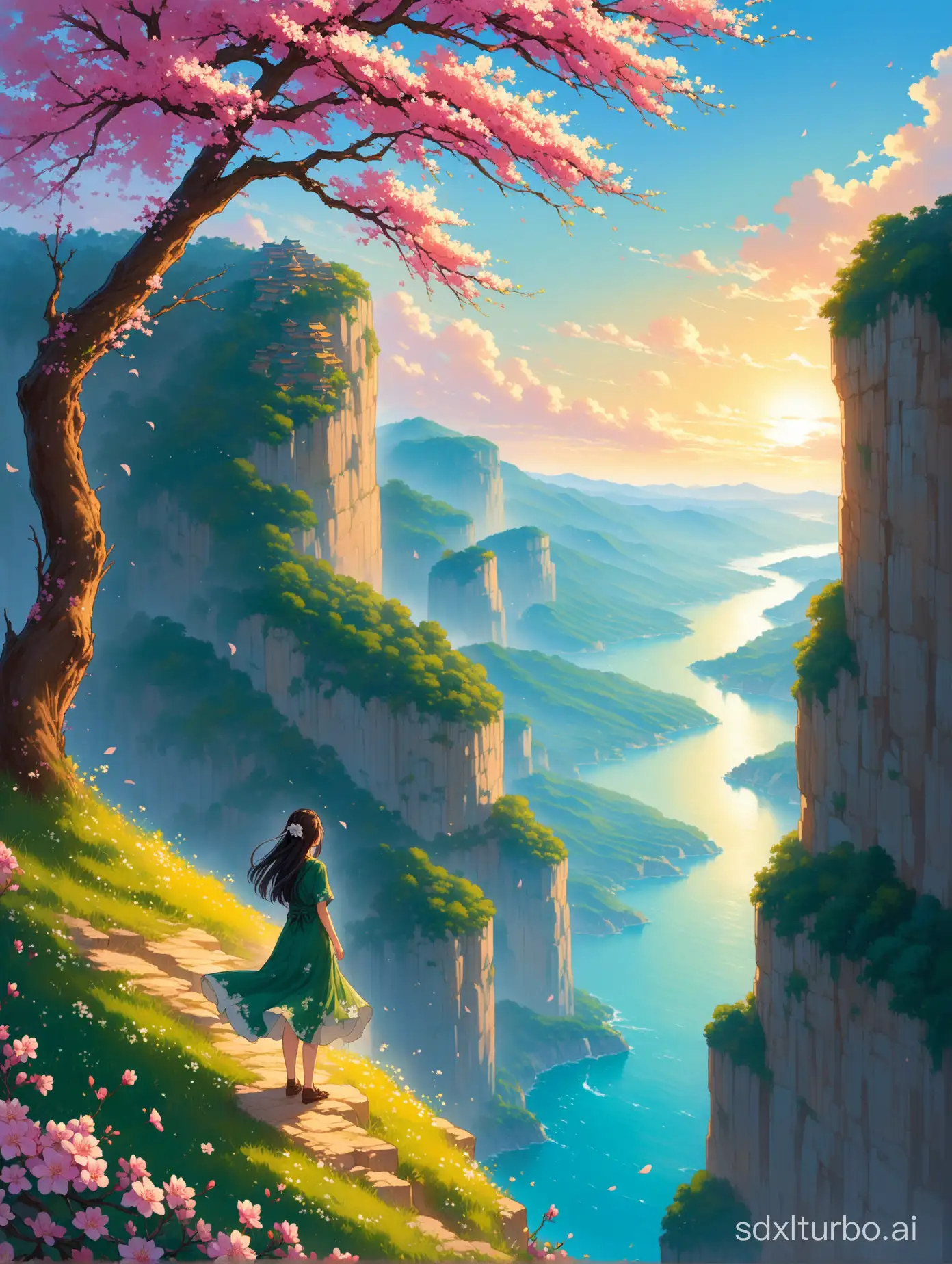 A Chinese girl wearing a tattered dress stood with her back to the edge of the cliff, and the wind lifted and stirred her tattered hem behind her. Beside her, there was a towering tree in full bloom, with flowers blooming on its branches. Behind the girl stood a boy who gazed at her back. Below the cliff in the distance was a city, where war was taking place