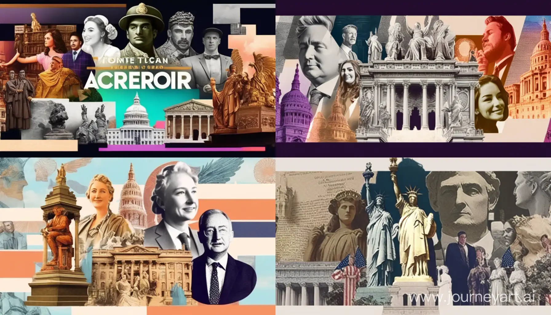 Create a captivating collage featuring historical figures and iconic places, blending seamlessly to reflect the richness of history. Emphasize diversity and include a balanced mix of portraits and landmarks. Use warm tones for a welcoming feel, and ensure the composition is visually striking for a compelling YouTube banner seamless design. --ar 16:9