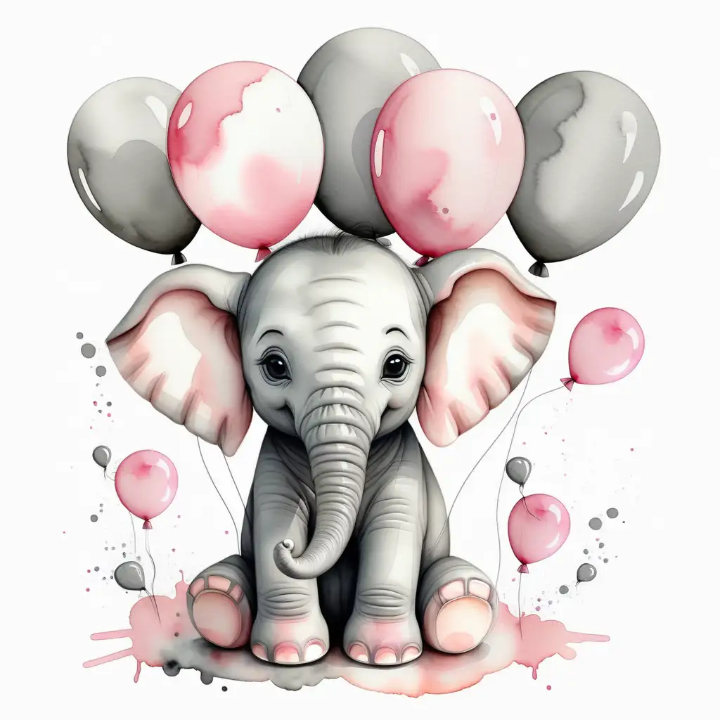 Adorable Baby Elephant with Gray and Pink Balloons in Charming Watercolor Scene