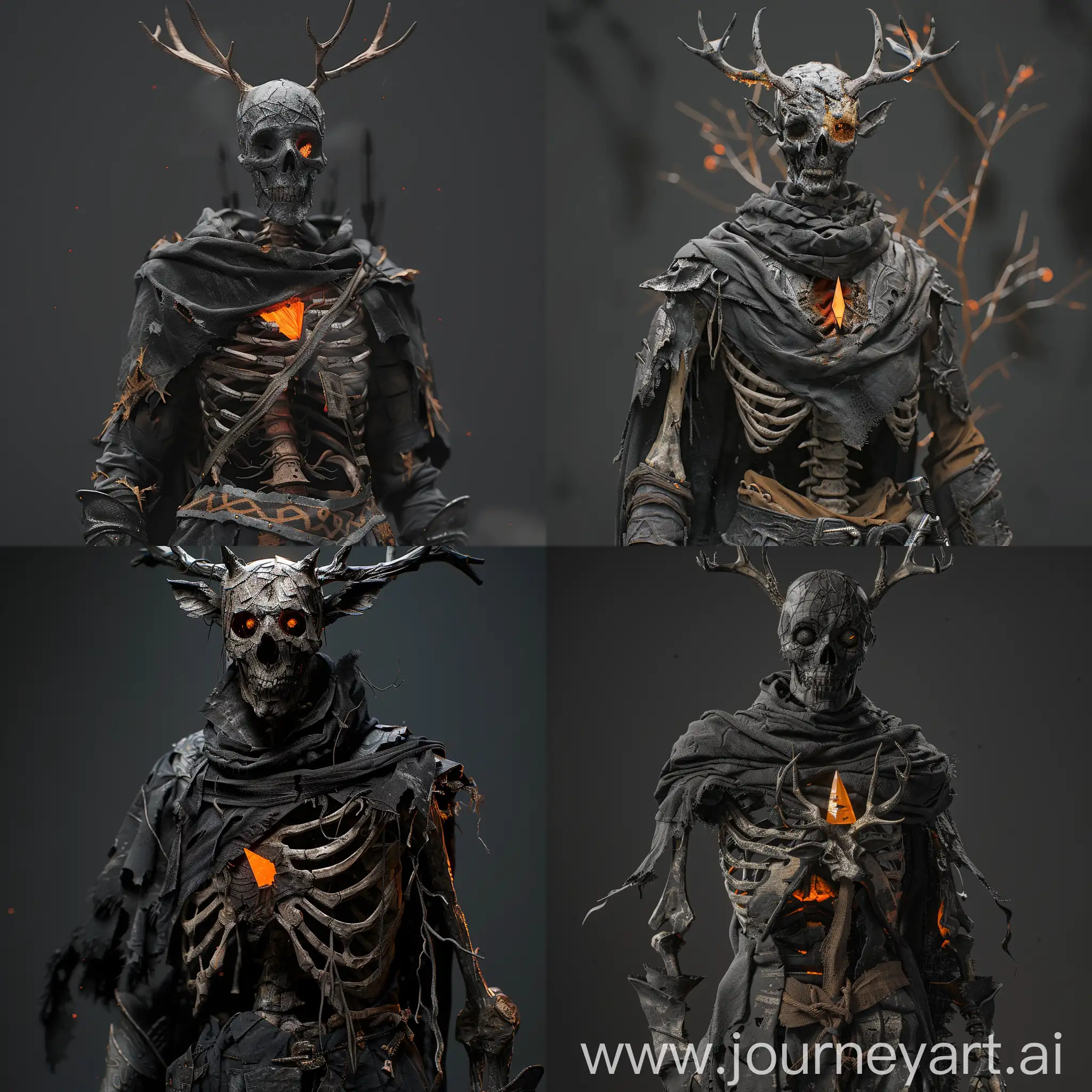 masterpiece, high poly, highly detailed, 4k, high resolution, lifeless, desolate, light armour, fantasy humanoid, humanoid skeleton with deer head, hollow eyes, damaged bones, scarred, black, dark, dark fantasy, torn robes, mage armour, highly detail sharp pointy orange shard inside chest, arcane, old, broken armour, torn fabric, time worn, ultra realistic, unreal engine 5, cinematic lighting, magic, corrupted, 