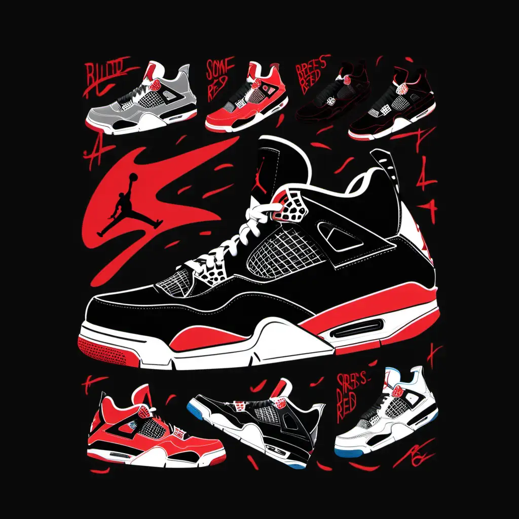 Create a Design inspired  by the colors of the Air Jordan 4 breds, use some of the most popular attributes currently being used in t-shirt  designs, but do not include the actual shoe.