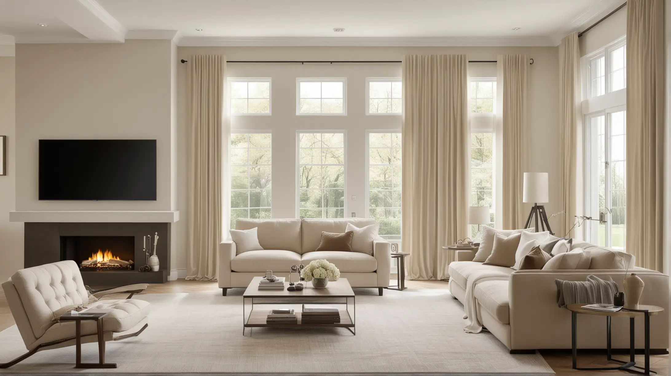 Készíts egy nagy ablakos nappalit bal oldalon legyen a kanapé és fotel, szemben a TV szekrény, bézs, törtfehér és drapp színekben. Modern, világos és elegáns legyen.