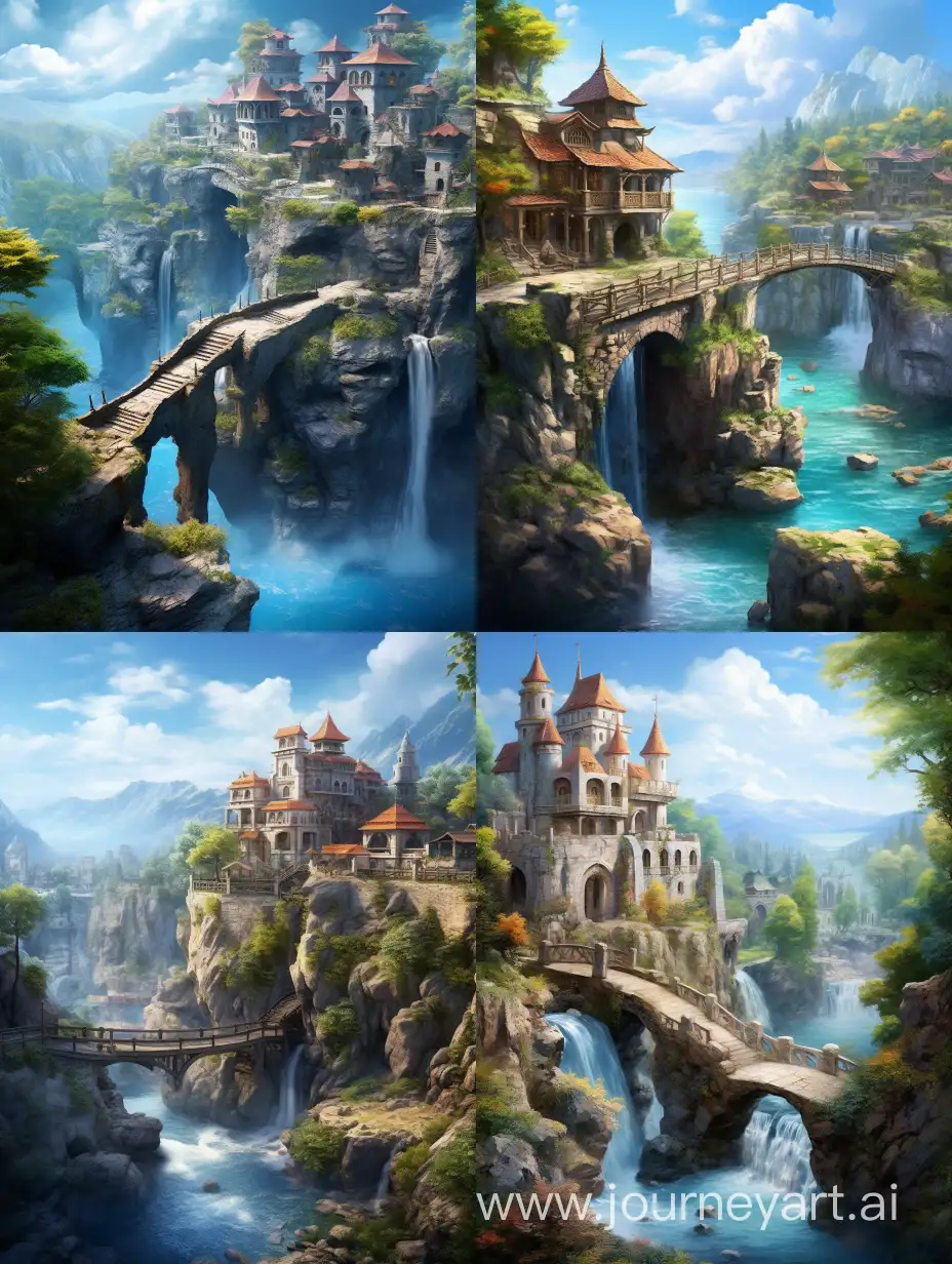 Ancient-Slavic-City-with-Stone-Houses-Cliffside-Views-and-Waterfall