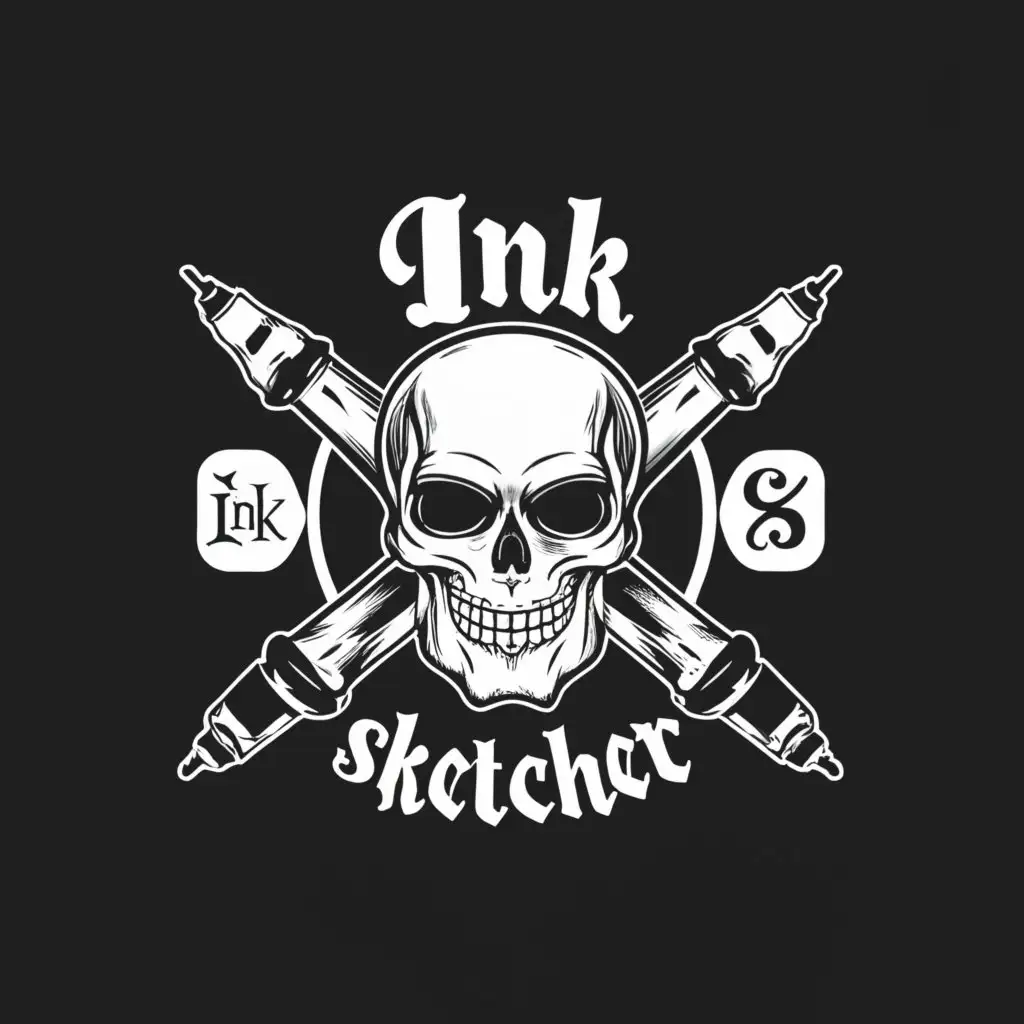 a logo design,with the text "Ink Sketcher", main symbol:spell correctly, skull and cross ink pens.plain background,complex,clear background