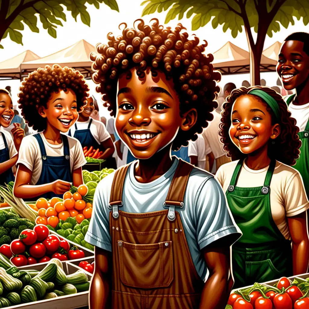 Ernie Barnes style cartoon 10 year old african american boy with curly hair and brown color overalls smiling tasting vegetables with friends at the farmer's market