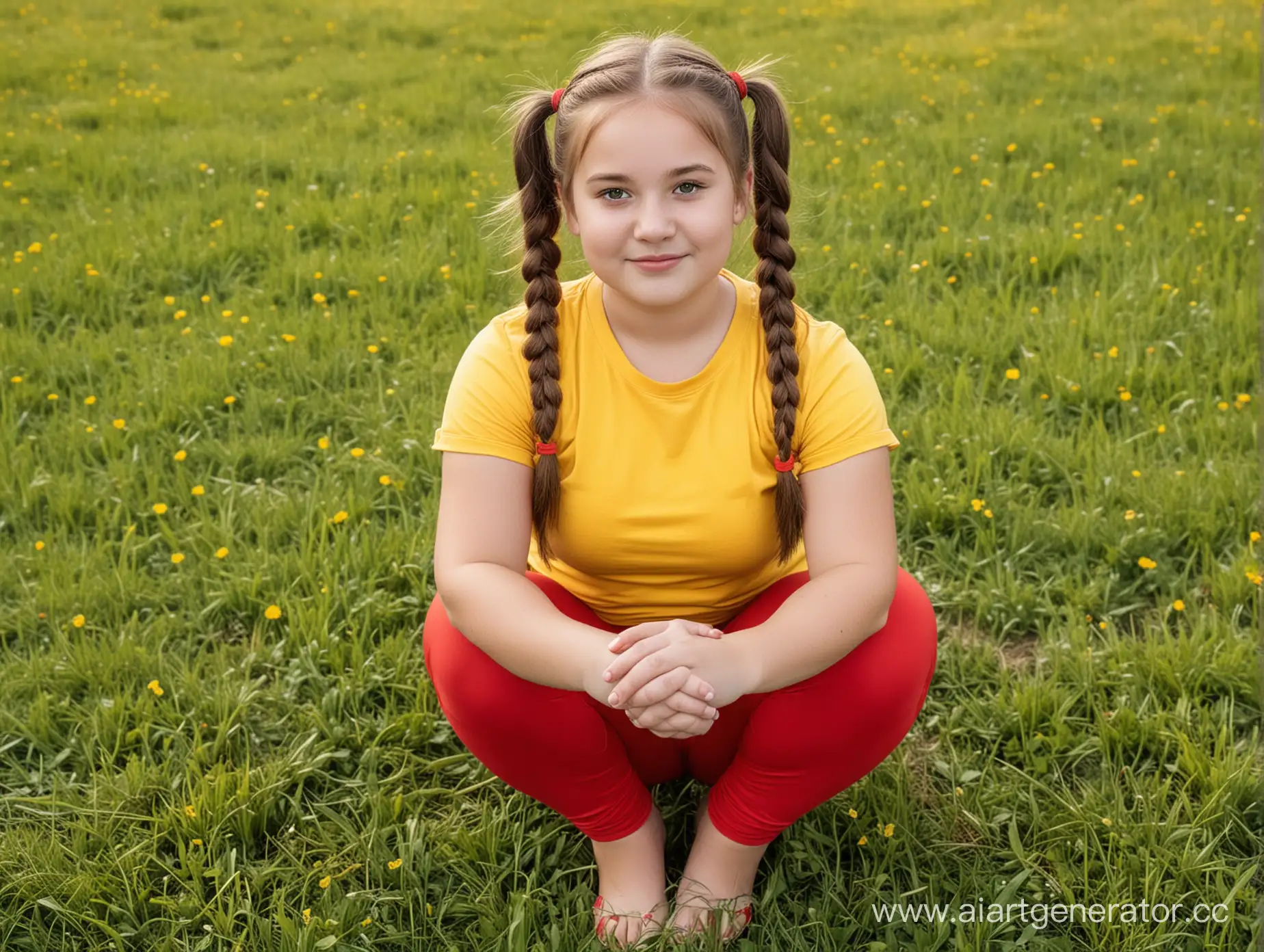 a chubby 12-13 years girl with two pigtails, round face, dressed in red leggins, yelow T-shirt, squatting in the grass. front view