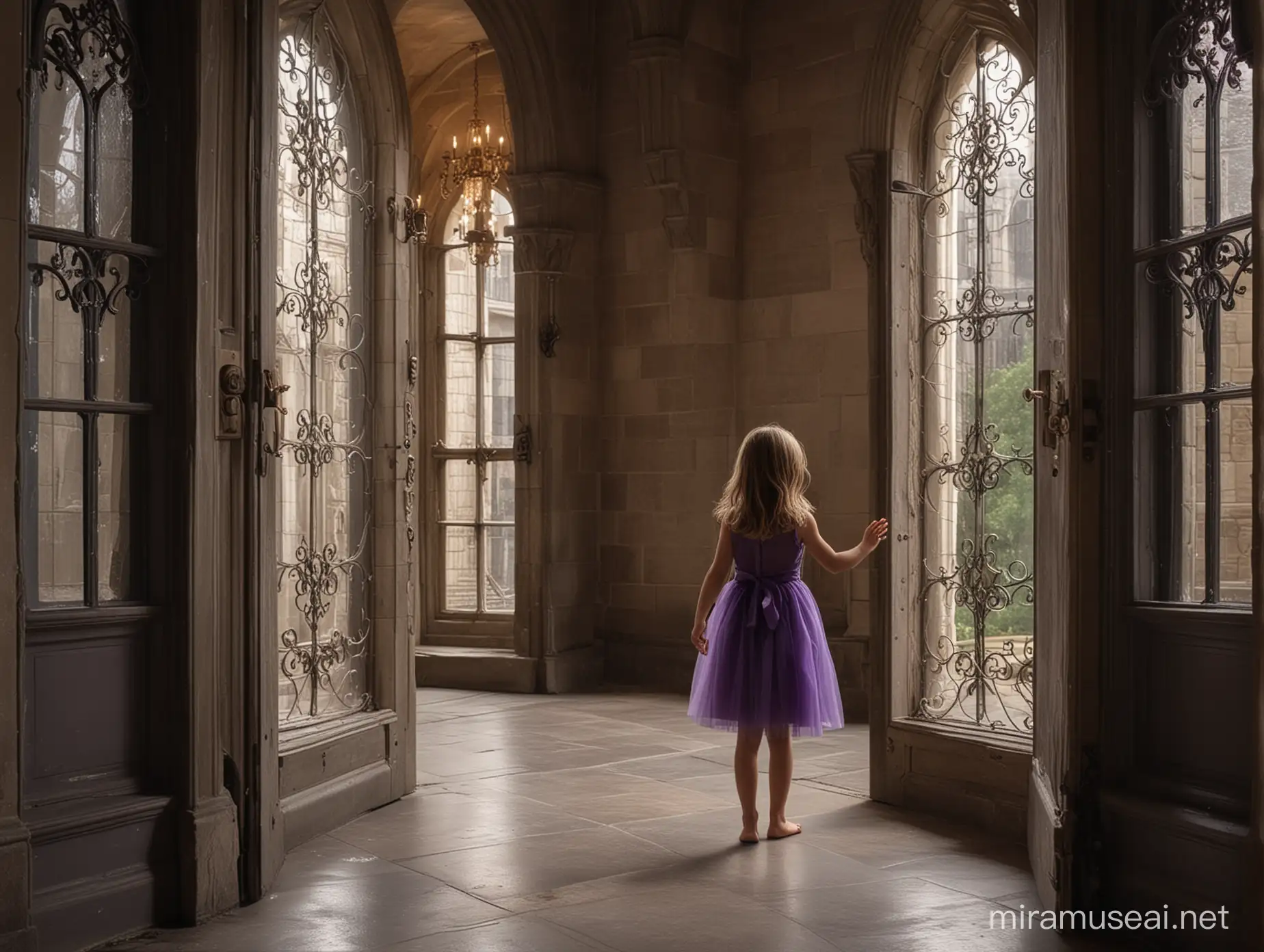 hautes et longues fenêtres type cathédrale dans un château magnifique ambiance sombre et sublime avec des chandeliers. Devant cette porte, une petite fille toque à la porte. Elle est de dos, a les cheveux chatains, une robe violette sans manches et pieds nus

