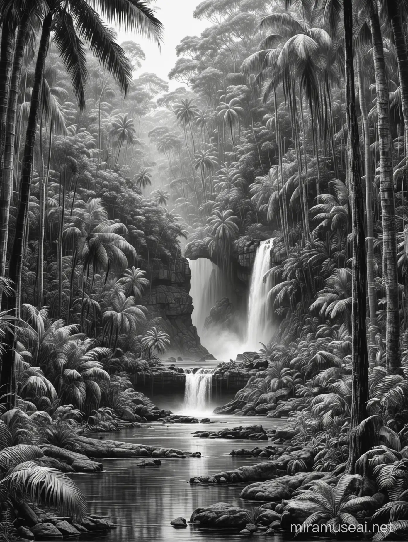 australian far north queensland rainforest landscape realistik HD detailed drawing black and white with waterfall and green trees only crocodile in background, bright green trees, highlighted green trees palm tree