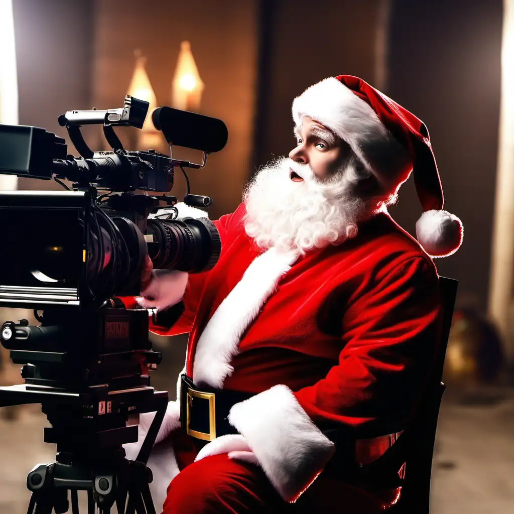 Santa claus as director. On a movie set. Shooting a holiday movie