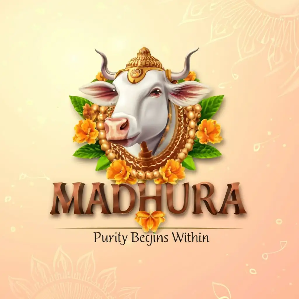a logo 3d design, with the text "Madhura and slogan as - Purity Begins Within", main symbol: Indian Desi Cow and Milk and Ghee