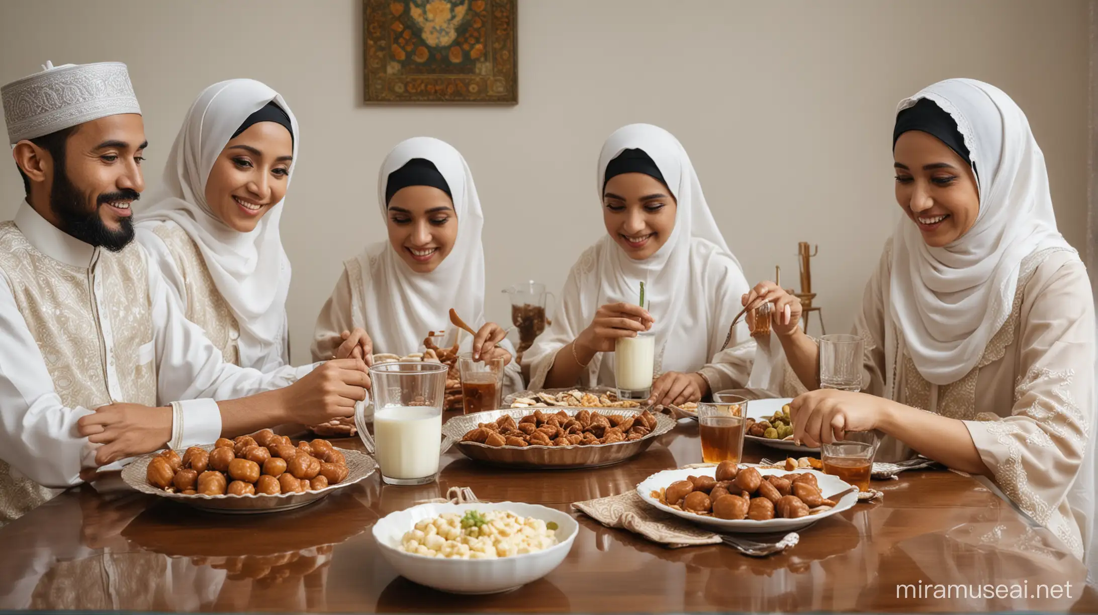 a raw photo of muslim family celebrating hari raya while drinking milk with traditional muslim appertizer dates on table, Sigma 24mm, wide angle, long shot