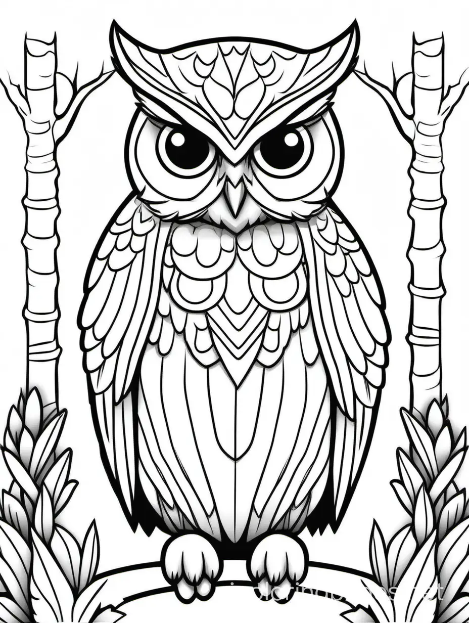 owl, Coloring Page, black and white, line art, white background, Simplicity, Ample White Space. The background of the coloring page is plain white to make it easy for young children to color within the lines. The outlines of all the subjects are easy to distinguish, making it simple for kids to color without too much difficulty