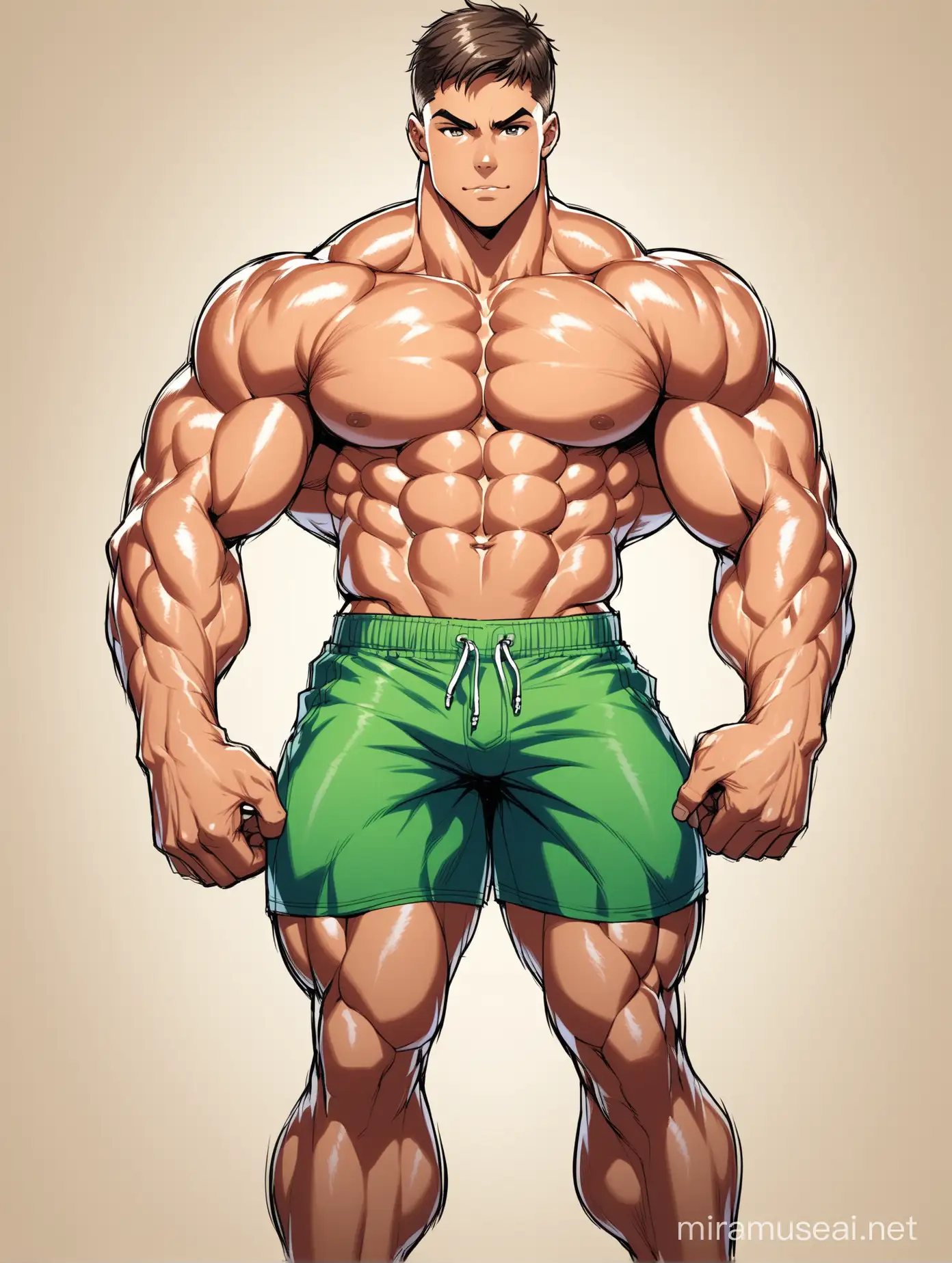 Full color drawing of an extremely muscular teenage male with a very beautiful, delicate face, wide shoulders, huge biceps, hard six-pack abs, and very strong and powerful legs, wearing shorts or trunks