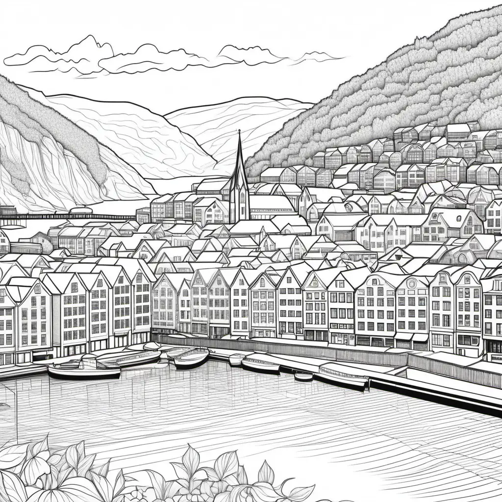 Serene Adult Coloring Page of Bergen Norway Clean and Elegant Vector Art in HD