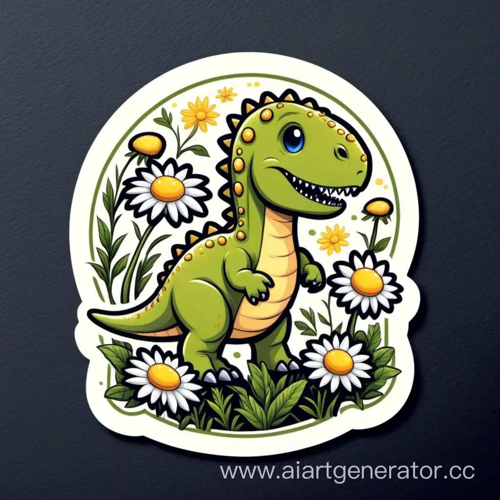 Prehistoric-Charm-Dinosaur-Sticker-Amidst-Chamomile-Blossoms