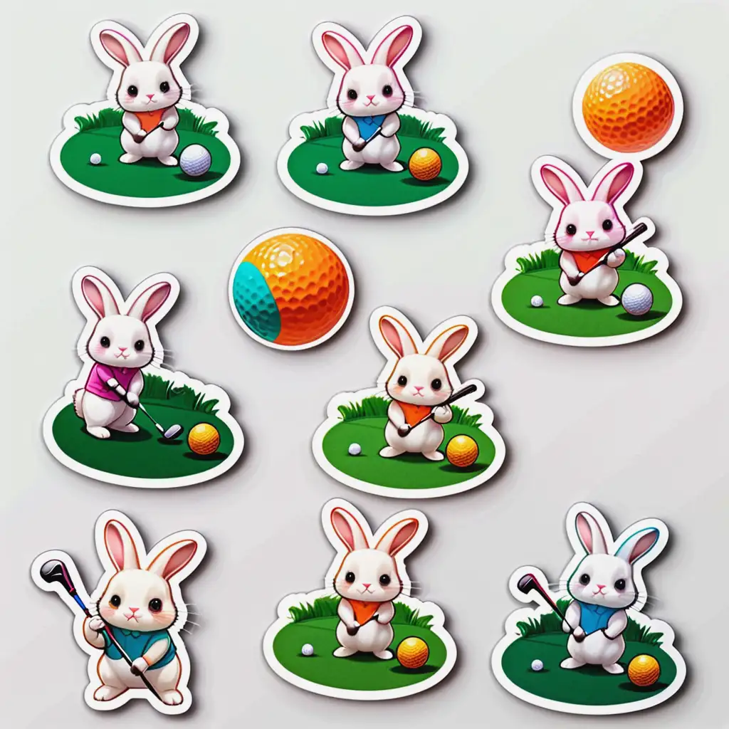 12 kawaii stickers featuring {bunnies playing golf} with vibrant colors and white borders on each  white background 