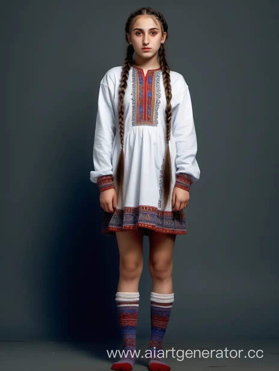 Девушка армянка в национальном мини-платье и коротких носках с голыми коленями и длинными рукавами и косичками, полный рост 