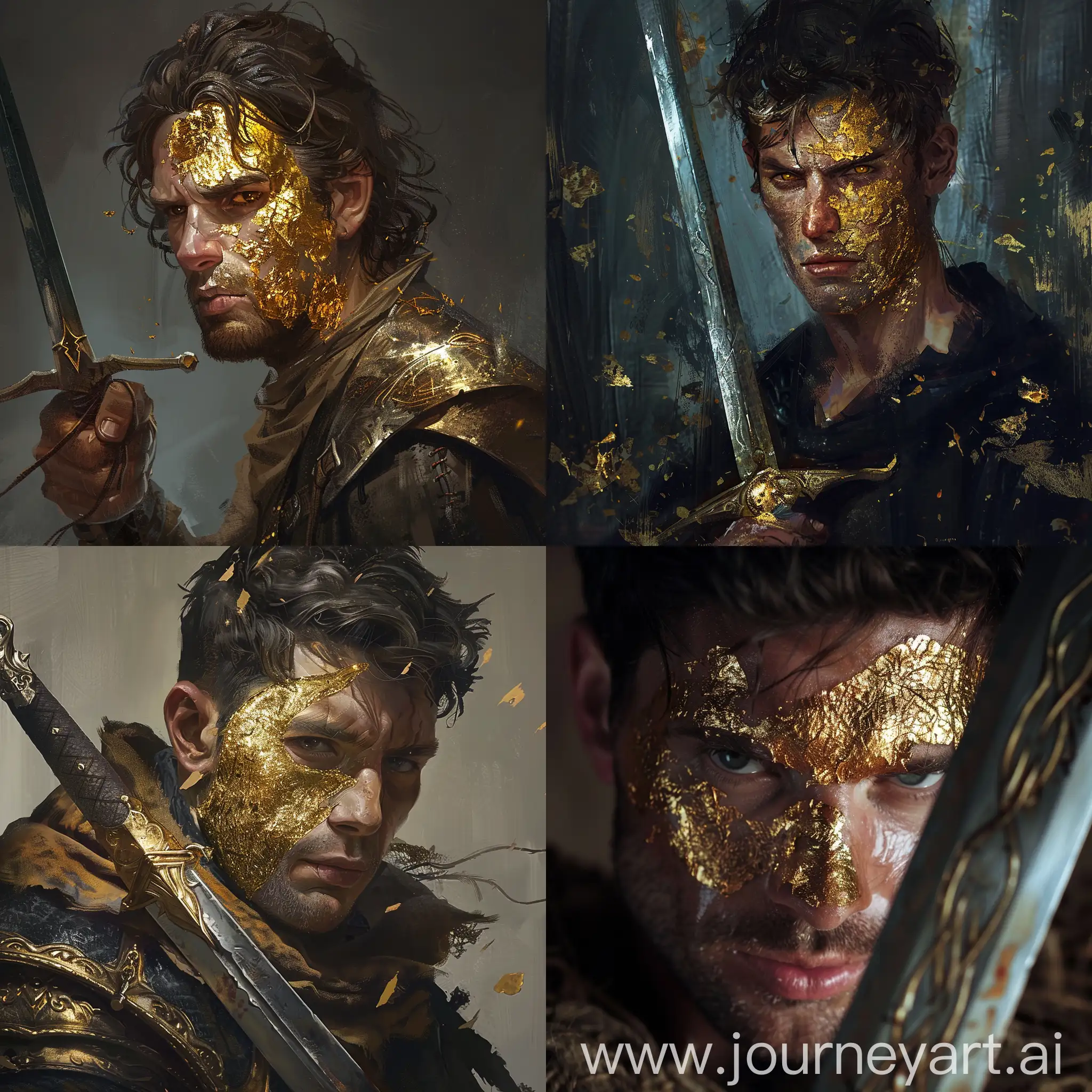 Man with a scar made of gold in his face, wielding a sword.