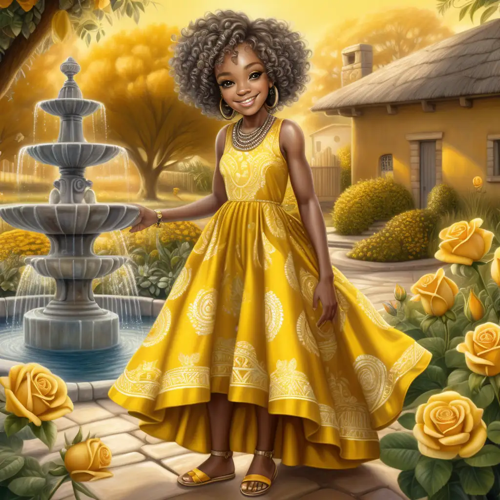 CREATE 32K UHD DIGITAL OIL PAINTING REALISM OF A STUNNING SMILING AFRICAN AMERICAN CHIBI STYLE WOMAN DRESSED WITH NEAT, DETAILED SHORT CURLY HAIR WEARING A yellow and white AFRICAN GOWN, yellow SILVERY FLATS. BACKGROUND SECRET GARDEN WITH A FORGOTTEN FOUNTAIN, AN AFRICAN COTTAGE AND BLOOMING ROSES AFRICAN CULTURAL THEMES. THE WHOLE SCENE IS BATHED IN LIGHT ORANGE ETHERREAL GLOW