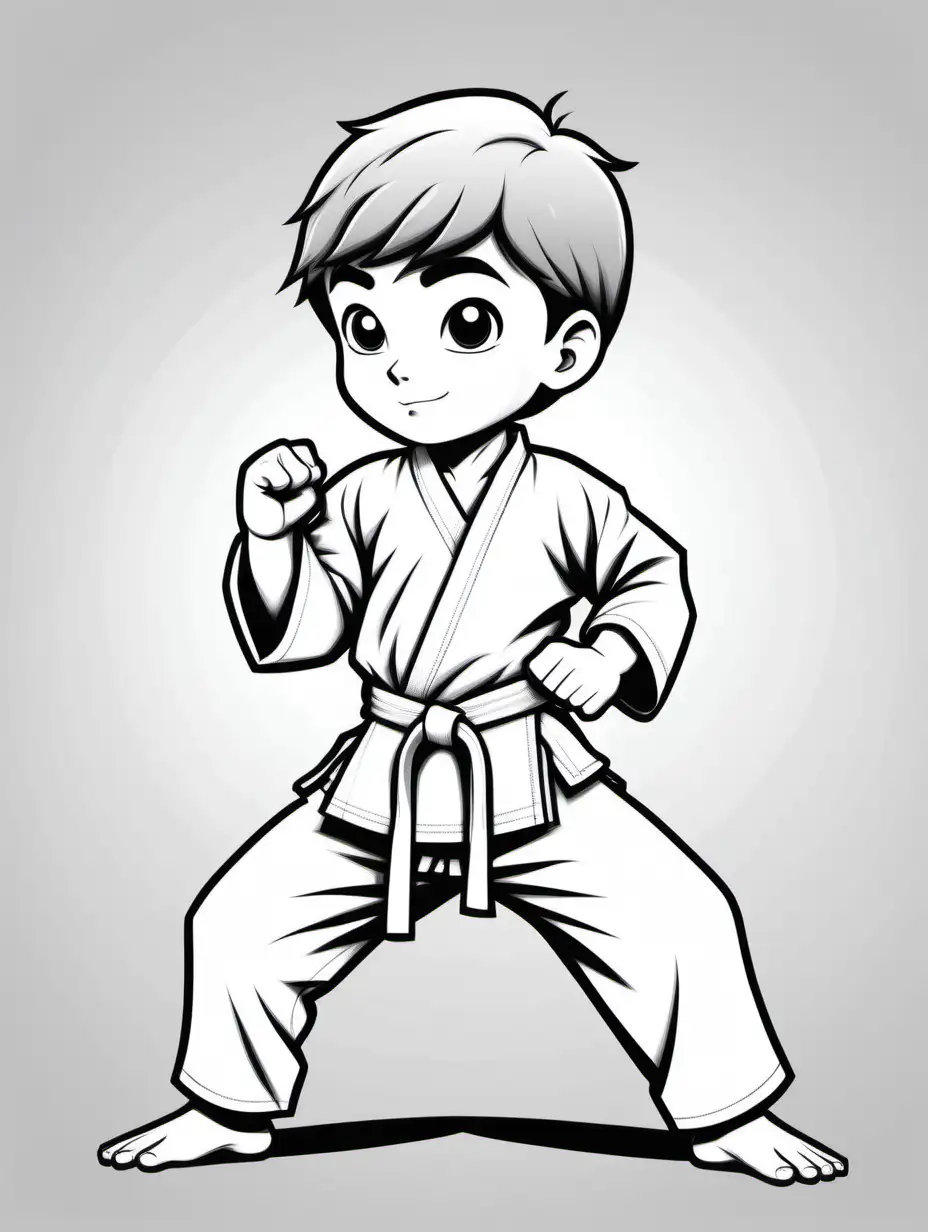 A cute, karate boy wearing a karate suit, in a karate pose, black and white coloring page, no grey, no fill, solids lines, oriental and dojo background