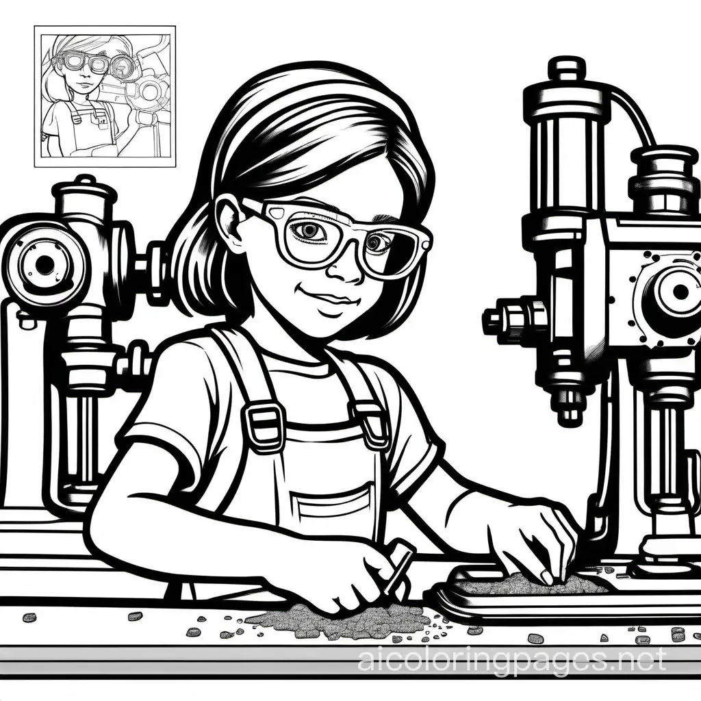 A 8 year old girl wearing safety glasses with brown hair and brown eyes working on a milling machine cutting metal, Coloring Page, black and white, line art, white background, Simplicity, Ample White Space. The background of the coloring page is plain white to make it easy for young children to color within the lines. The outlines of all the subjects are easy to distinguish, making it simple for kids to color without too much difficulty