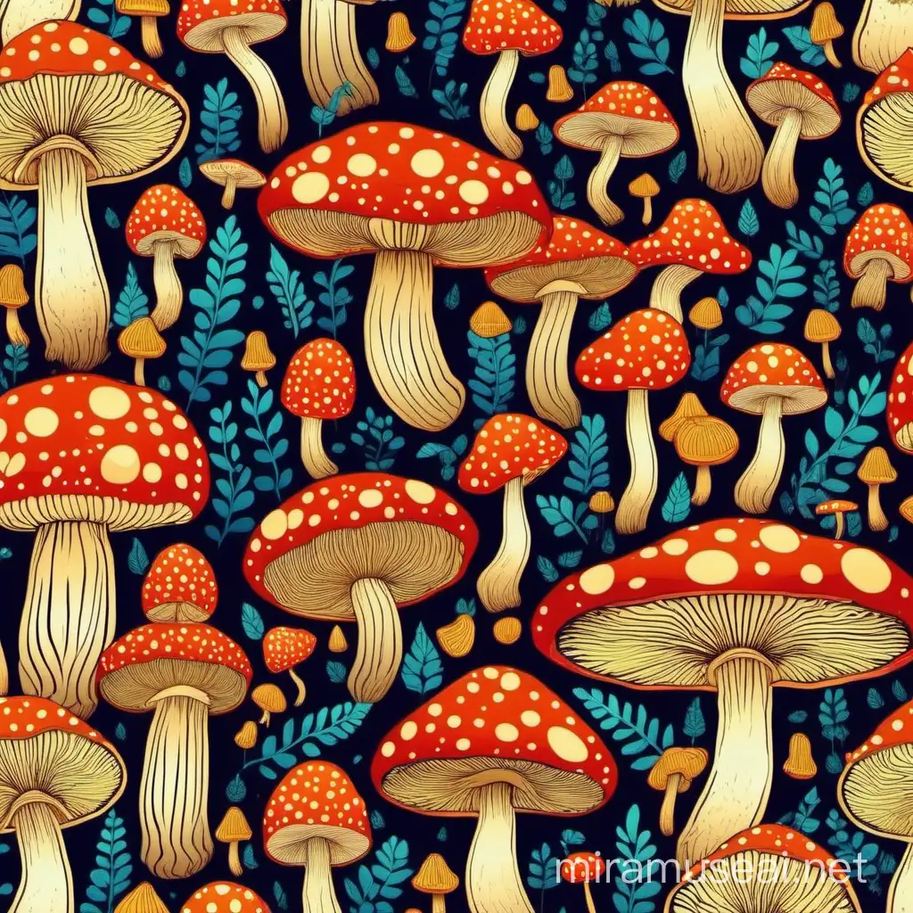 Vibrant Mushroom Wonderland Whimsical Fantasy Art with Bright and Colorful Patterns
