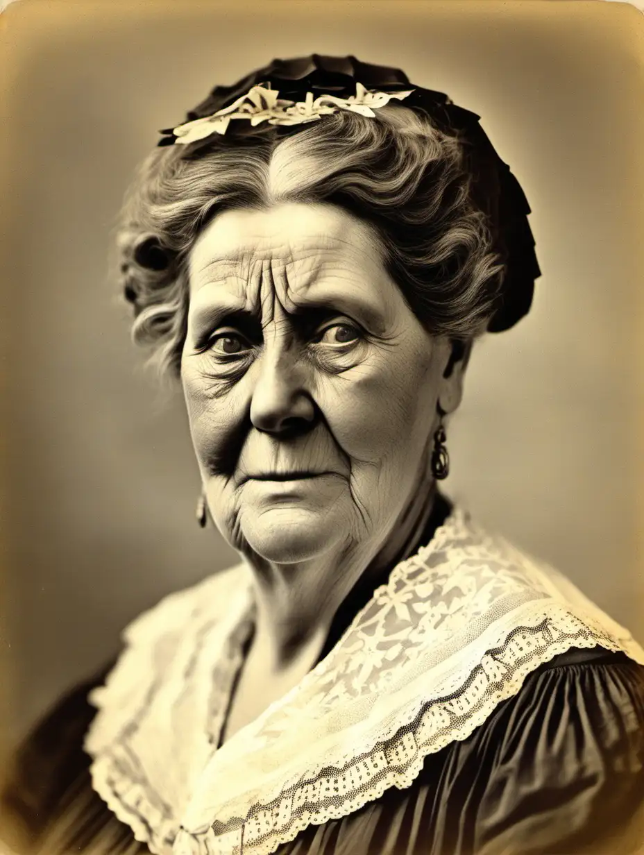A head and shoulders vintage portrait from around 1900 portraying a widow around her fifties, born in Funchal, on the island of Madeira,  fat, known in private as the Lady of Virtues, a nickname acquired when she was very young and before marrying a former deputy director and president of several General Assemblies
