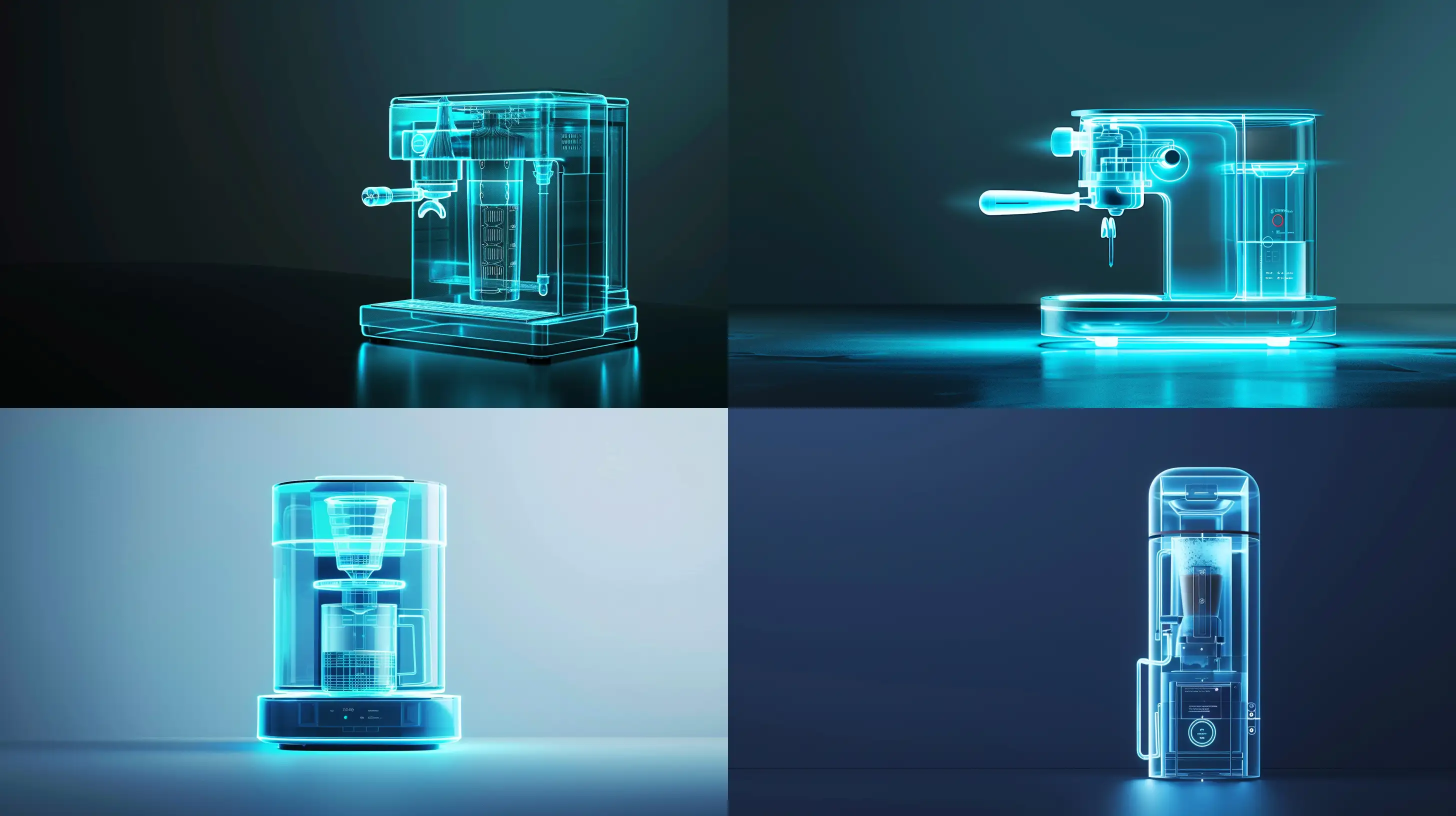 Create a minimalist smart coffee maker image, with an x-ray vision effect that reveals its intricate, AI-enhanced brewing system. The design should be bathed in a subtle neon blue light, standing out on a uniform background that doesn't distract from the device's elegance and smart features --ar 16:9