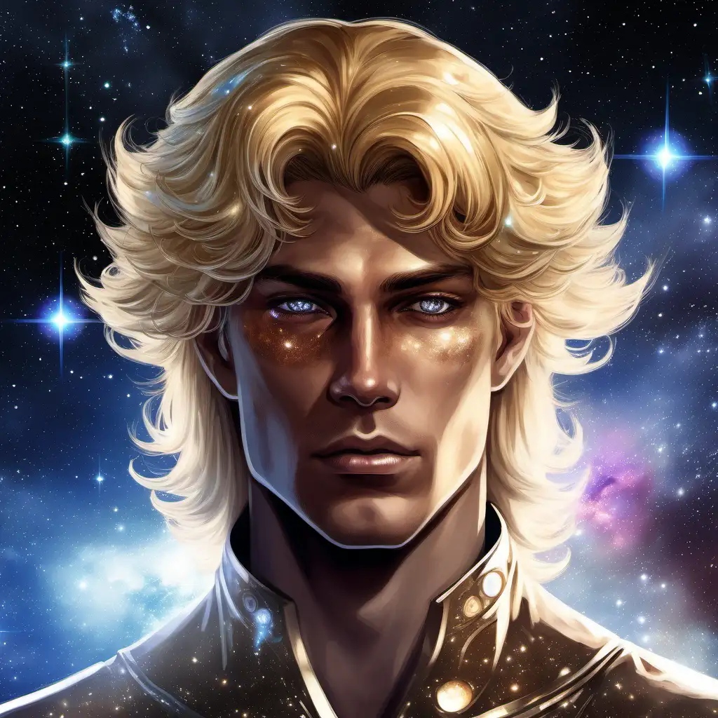 a powerful celestial being, crown prince, galaxy themed, crown of stars, cosmic, nebula, strong male, beautiful prince, mysterious, glalaxian prince, blonde hair, peachy skin, freckles, photo realism