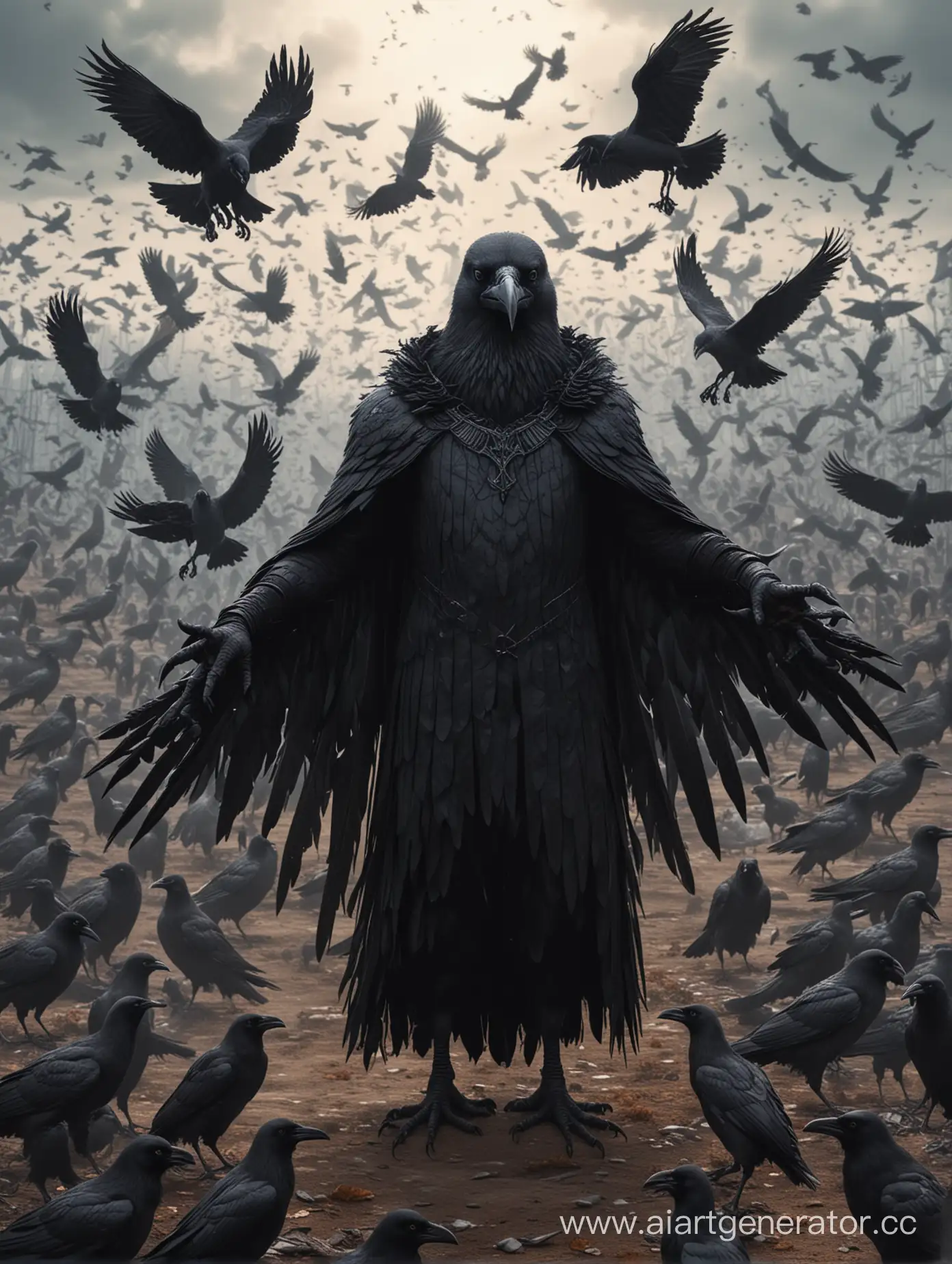 Злодей для фэнтези мира что выглядит как огромный чёрный антропоморфный ворон с крыльями вместо рук, окружённый воронами и смотрящий в камеру